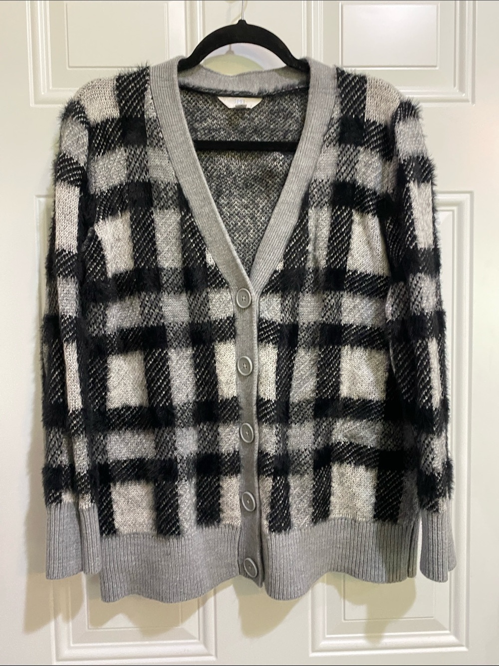Gray and Black Plaid V-Neck Button Cardigan Sweater
